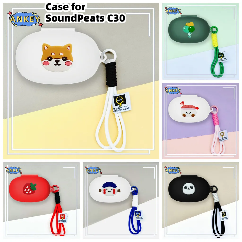 Compatible with SoundPeats C30 Bluetooth Earphone Protective Silicone Cute Cartoon Covers with Nylon Lanyard
