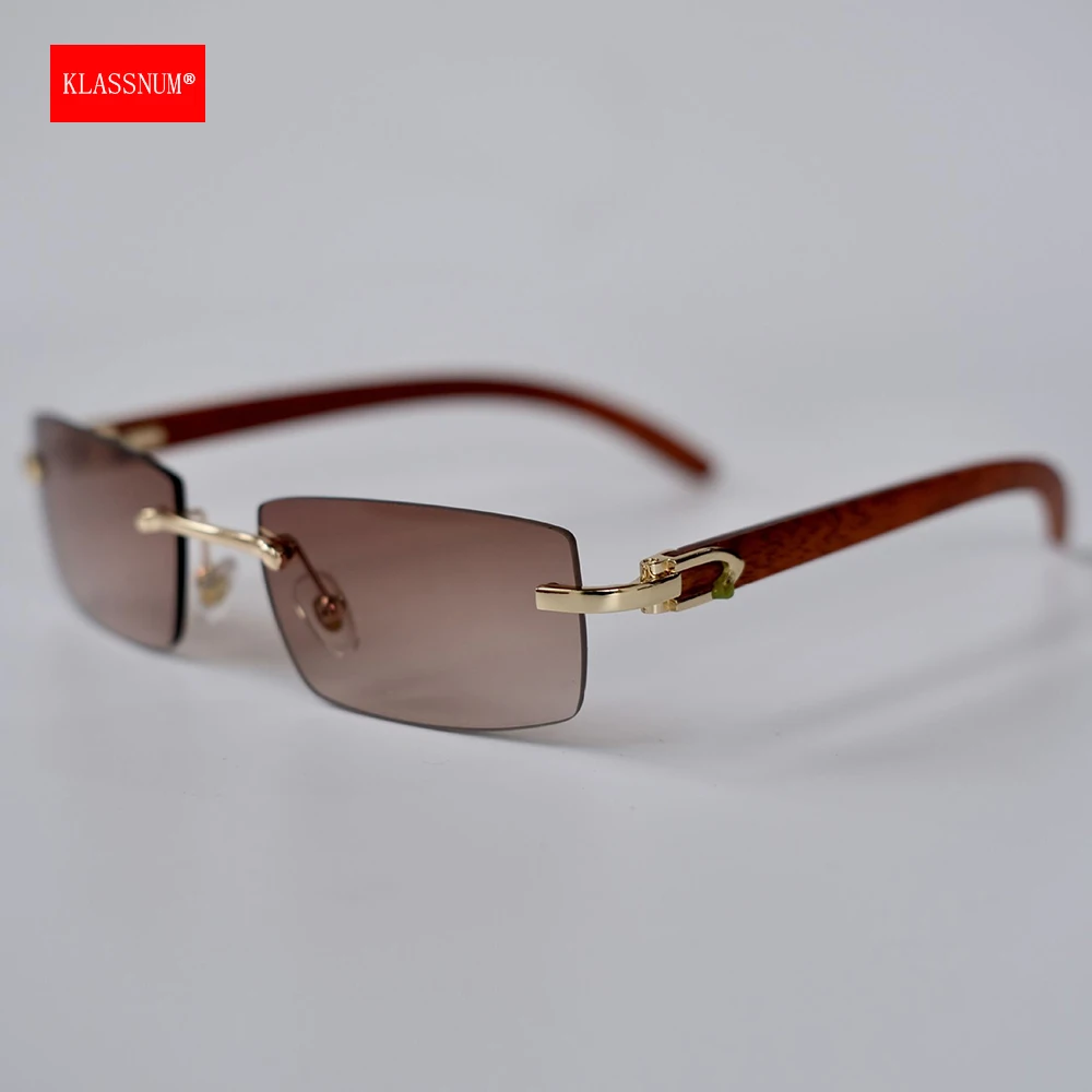 KLASSNUM Men Rectangle Fashion Rimless Sunglasses Vintage Wooden Grain Frame Small Sun Glasses 2024 New Fashion Luxury Brand