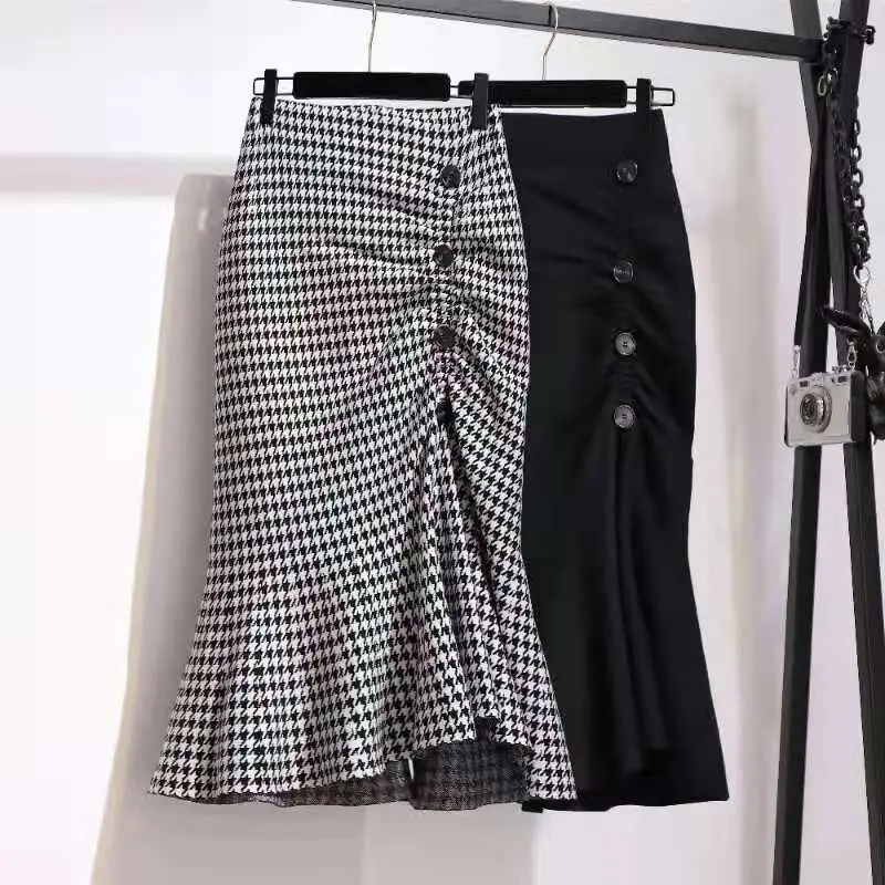 

2023 Spring Autumn Women Fashion Solid Color Fishtail Skirts Female High Waist Split Skirts Ladies Buttons Slim Skirts Q620