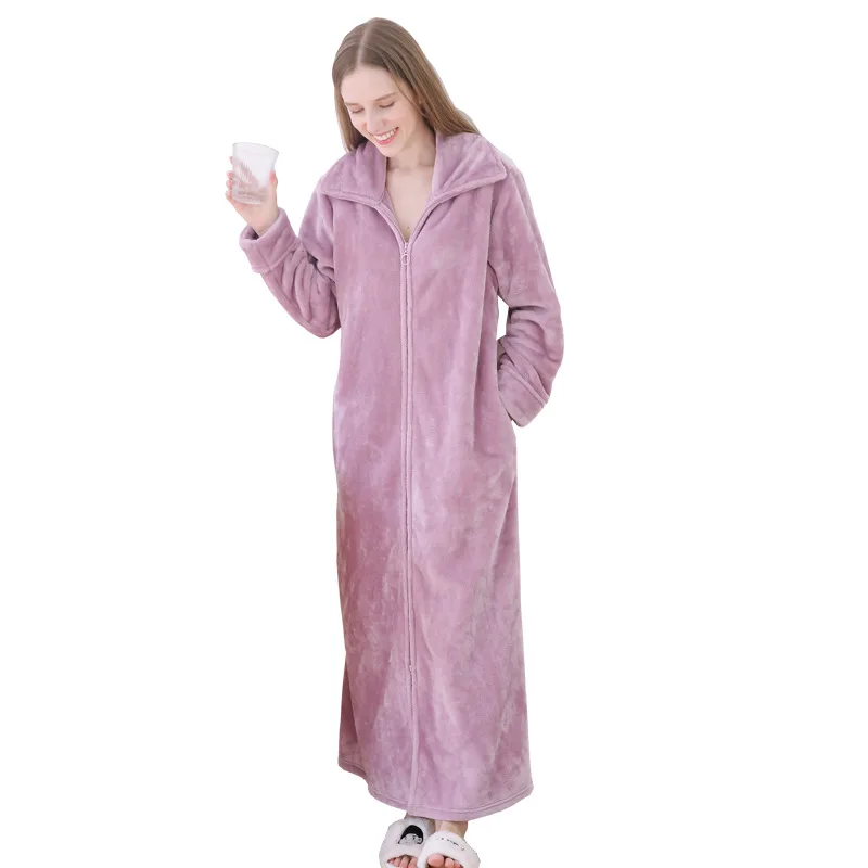 Winter Flannel Women Long Robe with Zipper Pocket Thickened Warm Sleepwear Nightgown Lover Nightwear Loose Coral Fleece Homewear