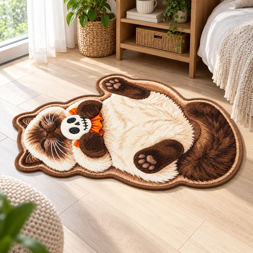 Sleeping Cat And Skull Floor Mat, Soft Flannel Non Slip Accent Rug For Bedroom Living Room Entryway Halloween Decor Style