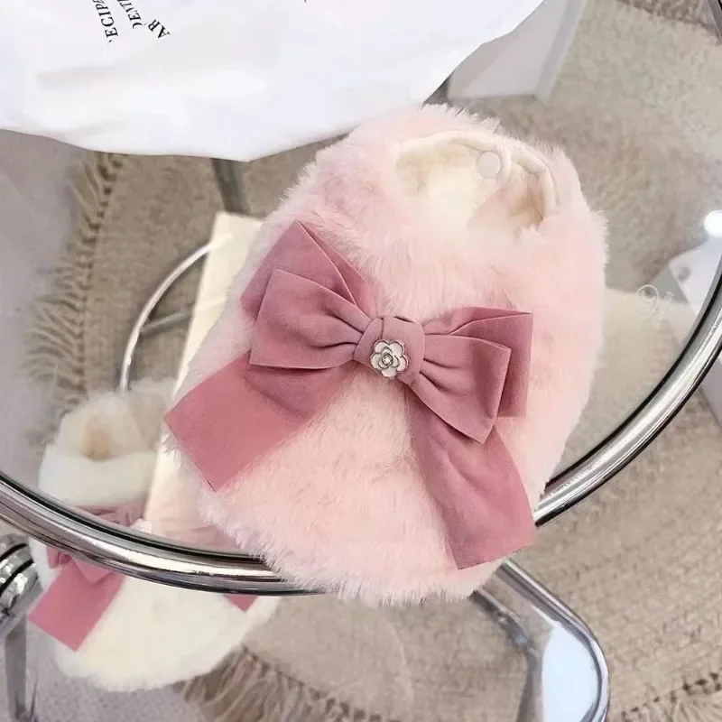 Bow Pet Dog Autumn and Winter Warm Cotton Vest Teddy Cat Clothes