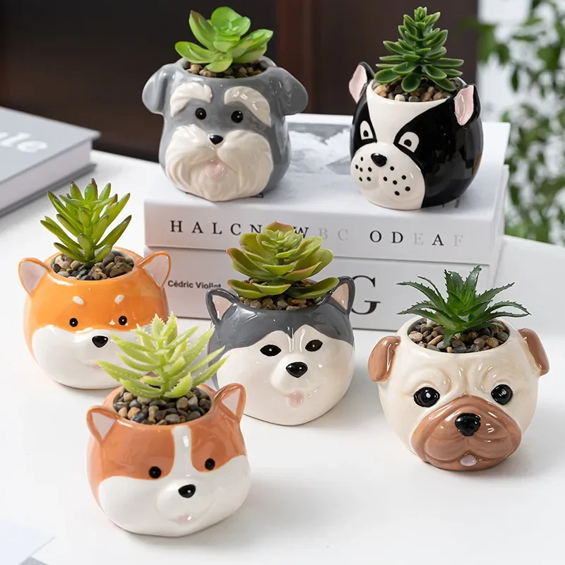 Cartoon Dog Porcelain Planter Plant Potted Plant Cute Animal Dog Tabletop Planter Modern Art Vase