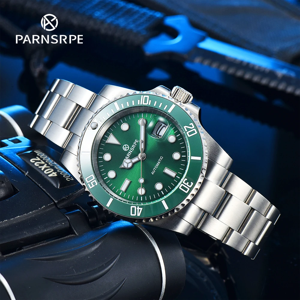 Parnsrpe Ceramic Rotating Bezel Stainless Steel Bracelet Automatic Men\'s Watch 40mm Blue Luminous Sterile Green Dial Hands