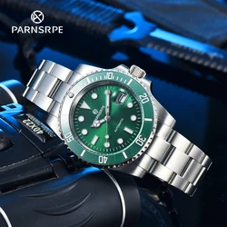 Parnsrpe Ceramic Rotating Bezel Stainless Steel Bracelet Automatic Men's Watch 40mm Blue Luminous Sterile Green Dial Hands