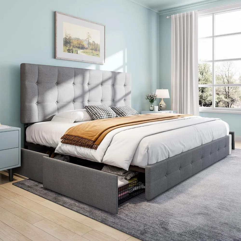 

Upholstered Platform Storage Bed Frame with 4 Drawers,Adjustable Headboard with Diamond Button Tufted Design,Wooden Slat Support