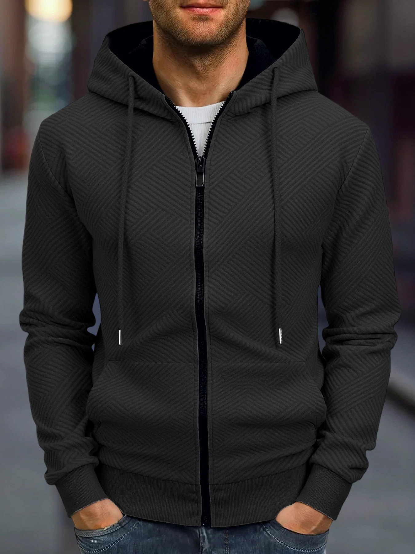 Relaxed Fit Geometric Jacquard Knit Hooded Jacket For Men Smooth Full Zipper Adjustable Hood Functional Kangaroo Pocket Ribbed