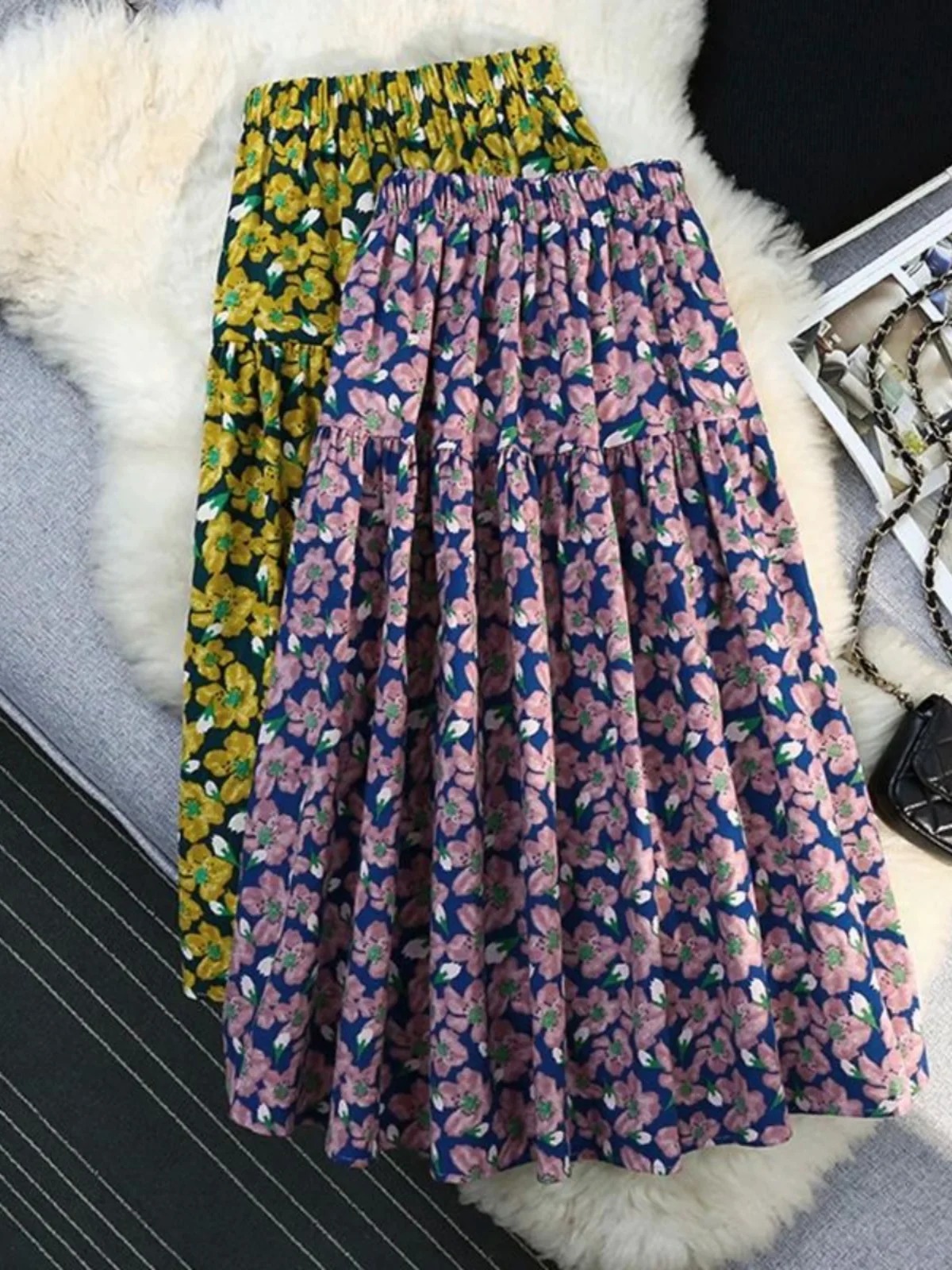 Casual bloemen A-lijn rok voor dames Hoge taille Street Sle Midi rok Bloemenprint Gored rok Zomercollectie