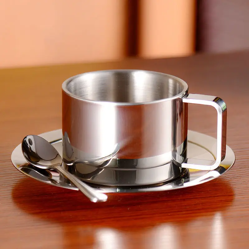 

Stainless Steel Coffee Cups Set Double-deck Thermal Insulation Coffee Mug Tea Cups Set Tea Set Milk Mug with Saucer Mat Spoon