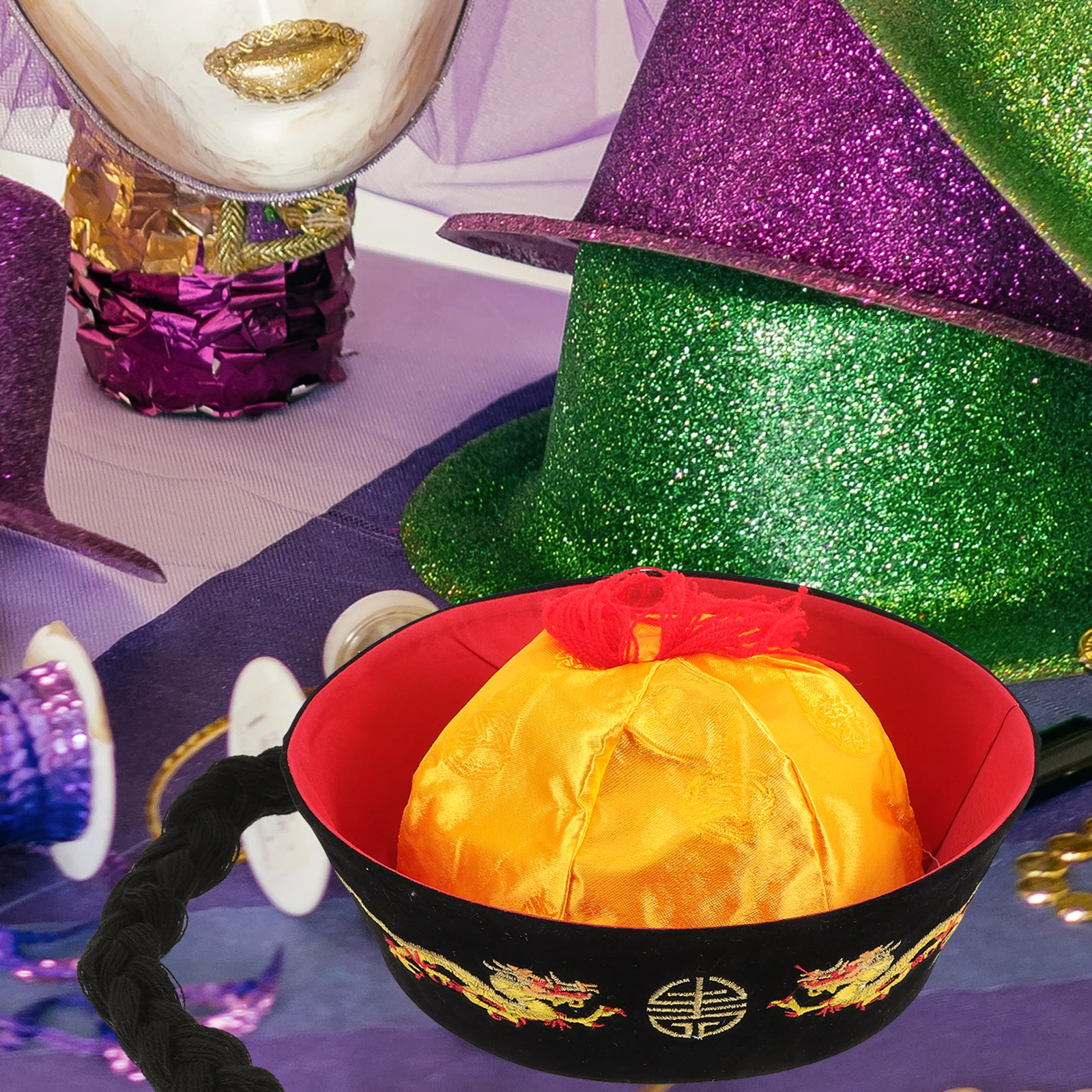 Sombrero de cola de caballo chino, sombrero con trenzas asiáticas orientales, corte real tradicional, Cosplay, fiesta, accesorio de actuación, sombreros de Festival