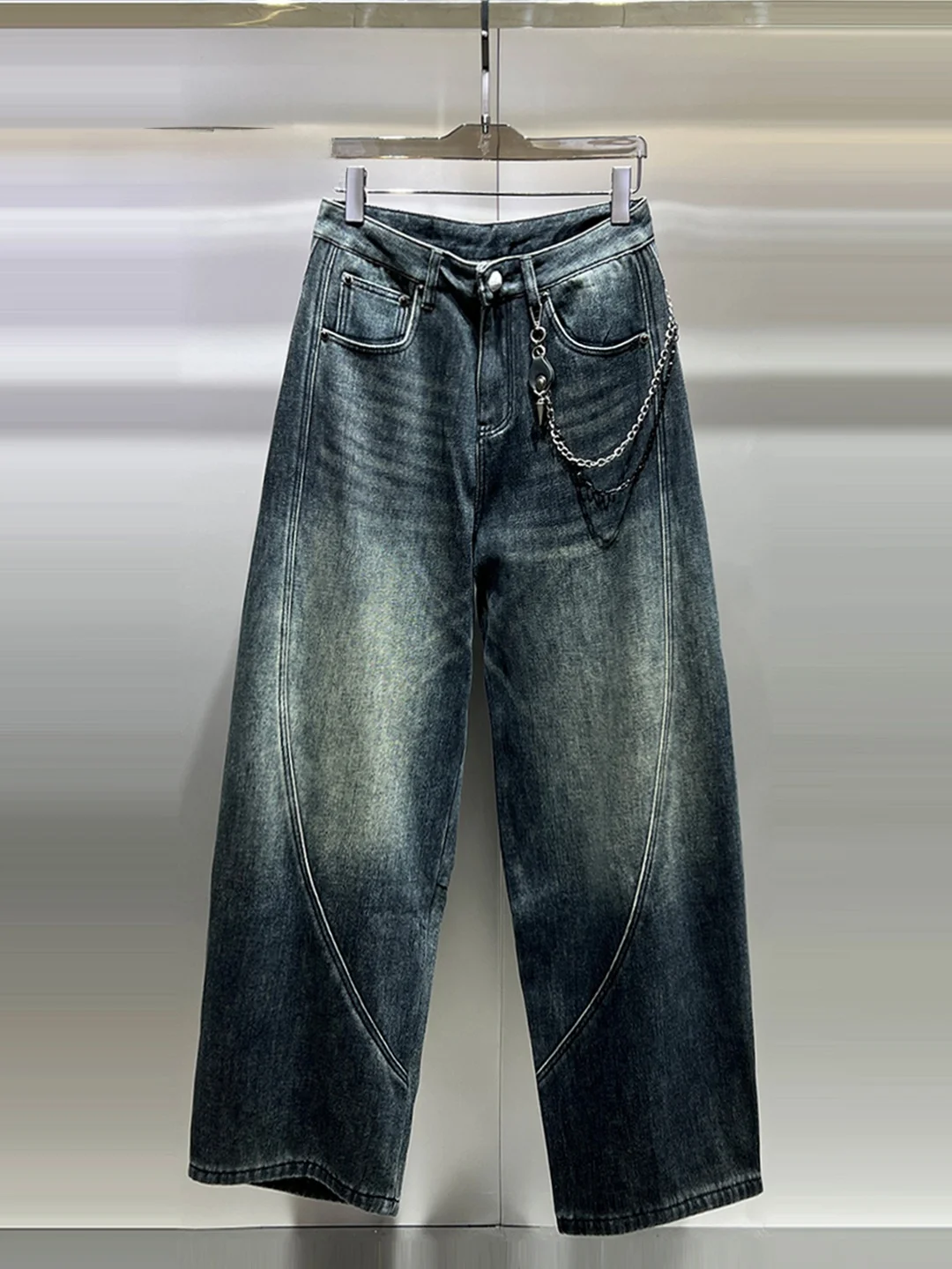 

Мужские джинсы свободного кроя на флисовой подкладке, зима 2025, с узором в виде цепей, с высокой талией, прямые, устойчивые к сминанию, выцветанию и усадке