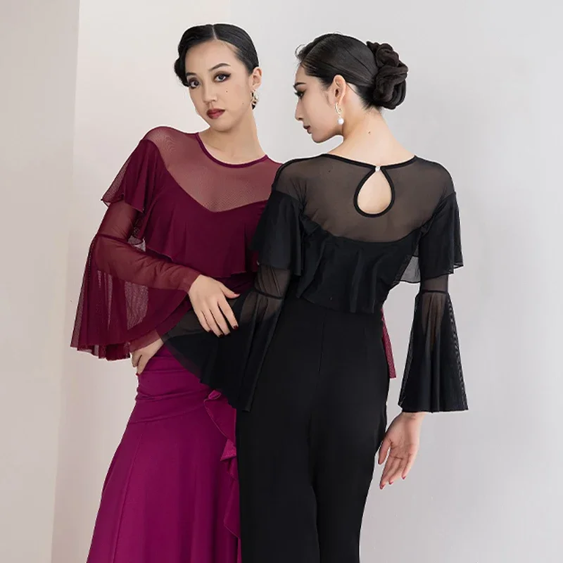 

Adults Tango Samba Dancing Tops Women'S Sexy Mesh Latin Dance Top Female Ruffled Ballroom Dance Bodysuit Practice Wear