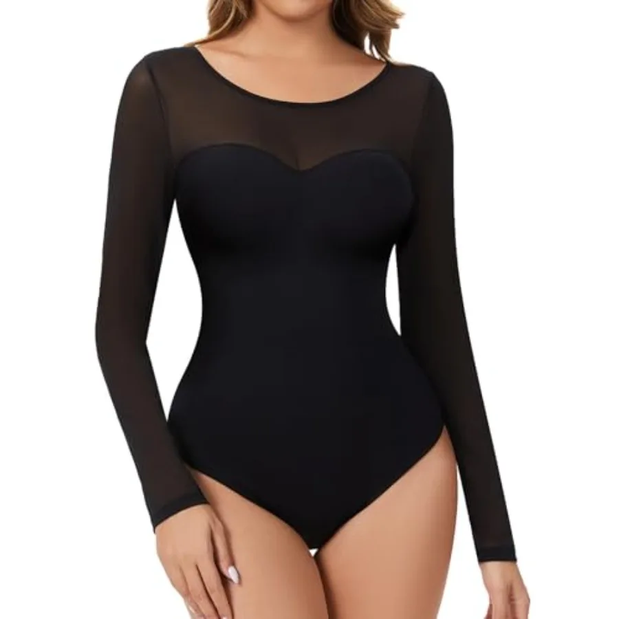 

Women's Long Sleeve Shapewear Bodysuit for Tummy Control Body Suits Sheer Mesh Leotard Going Out Tops Fall Outfits