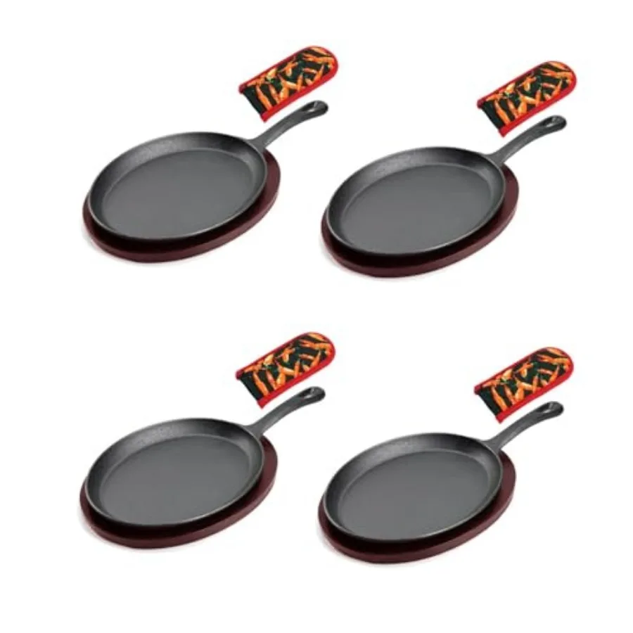 

Sizzling Plate with Wooden Base Fajita Skillet with Scald Protection Hot Mitt Cast Iron Plate for Home Barbeque Kitchen Service