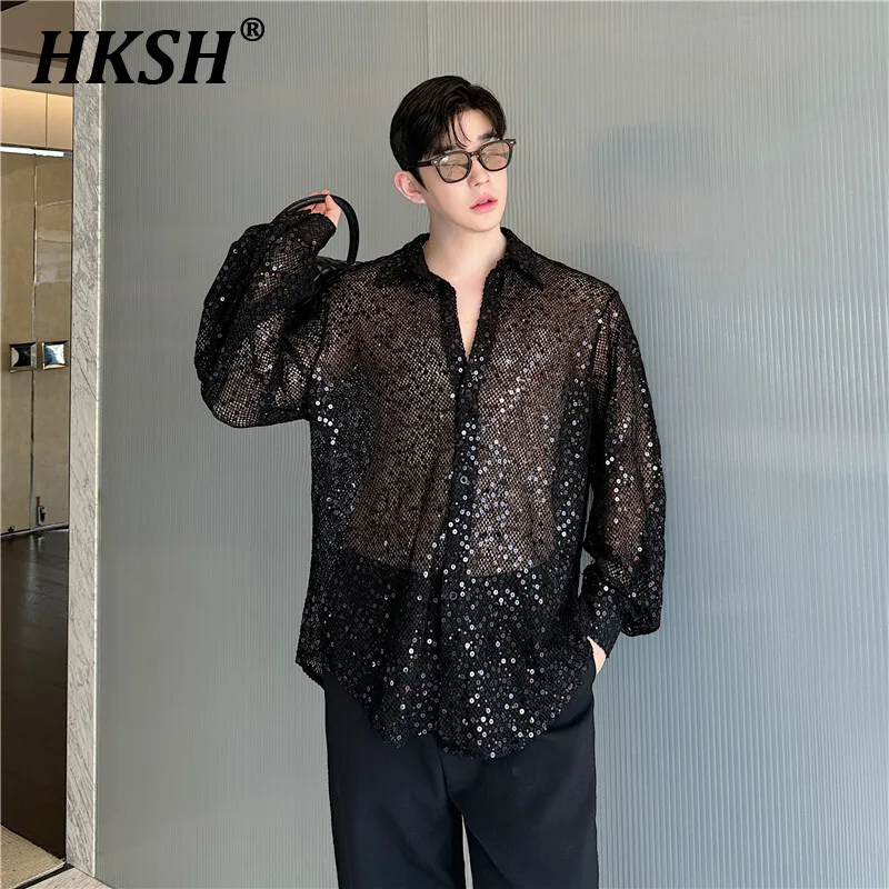 

HKSH Spring Autumn Summer New Men's Tide Casual Trend Shirt Mesh Fashion Hollow Sequin Niche Shirts Chic Streetwear Tops HK2402