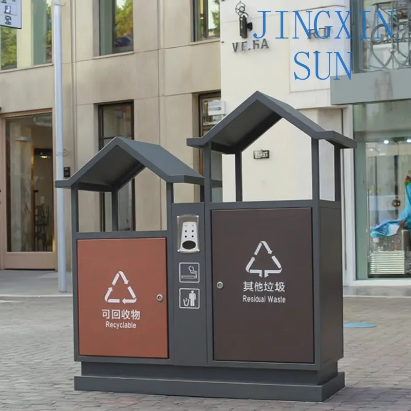 Unique house design Thickened galvanized 60L outdoor metal trash can Anti-rust and anti-corrosion square pattern trash can