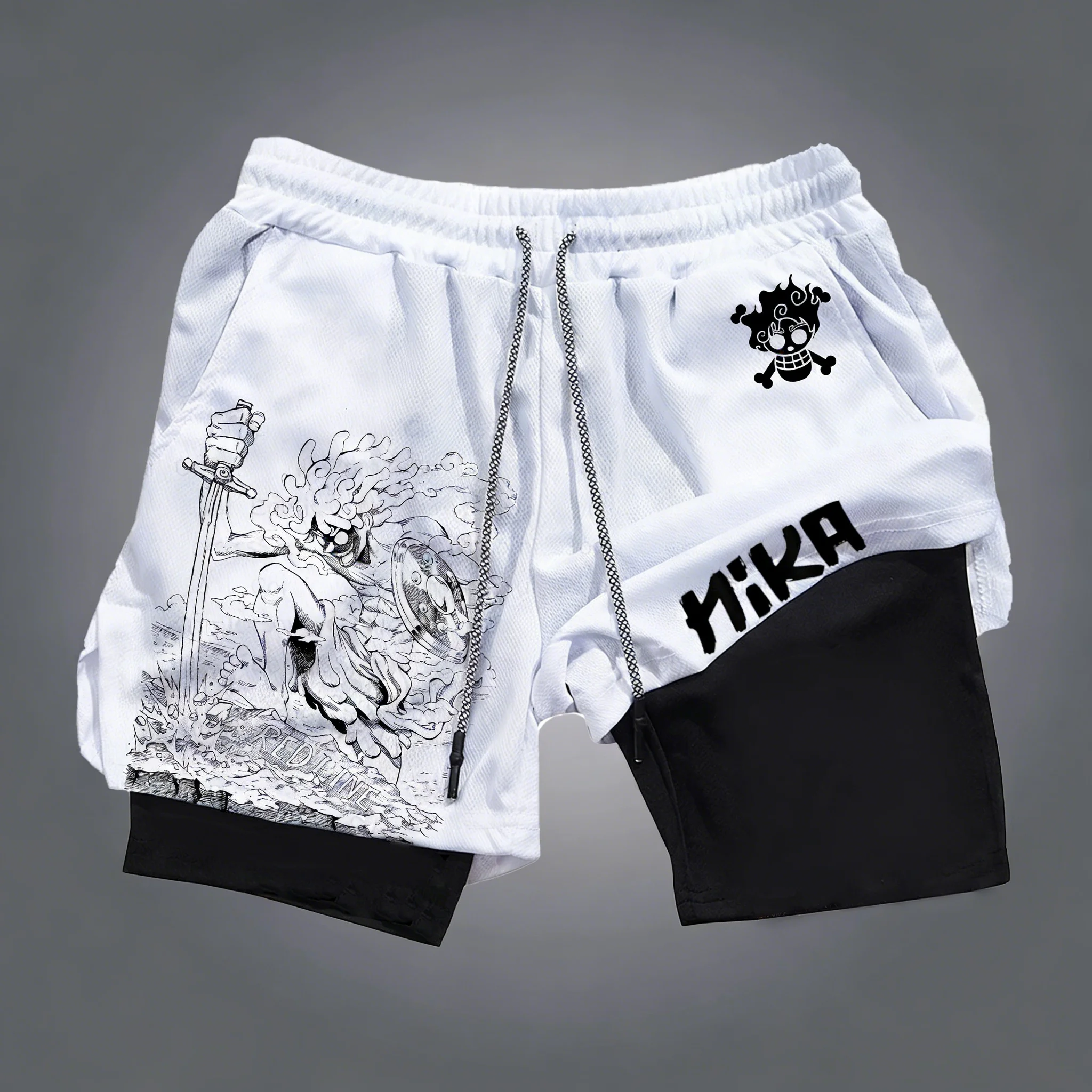 Bandai One Piece Luffy bedruckte doppellagige Shorts, lockere, schweißableitende und atmungsaktive Sportshorts für Herren und Damen im Sommer