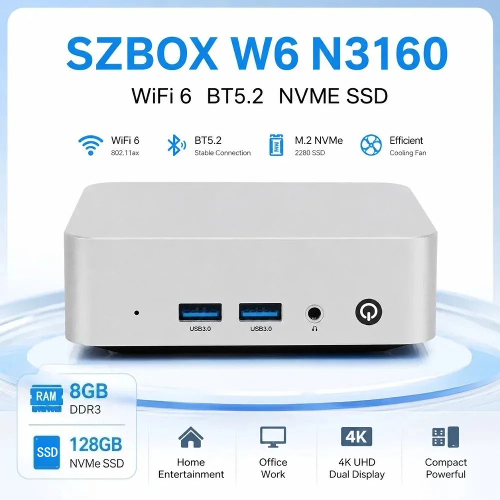 Mini PC W6 avec processeur Intel Celeron N3160, faible consommation d'énergie, Windows 10, 8 Go de RAM, 128 Go de SSD M.2 SATA, USB3*2, LAN 1000M, ordinateur de bureau