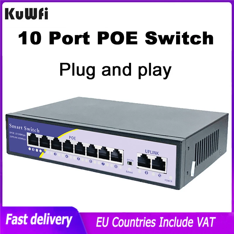 

Kuwfi 10 портов POE коммутатор 8*100 м POE порт + 2*100 м Uplink порт сетевой коммутатор Ethernet переключатель для ip-камеры/беспроводной AP/CCTV