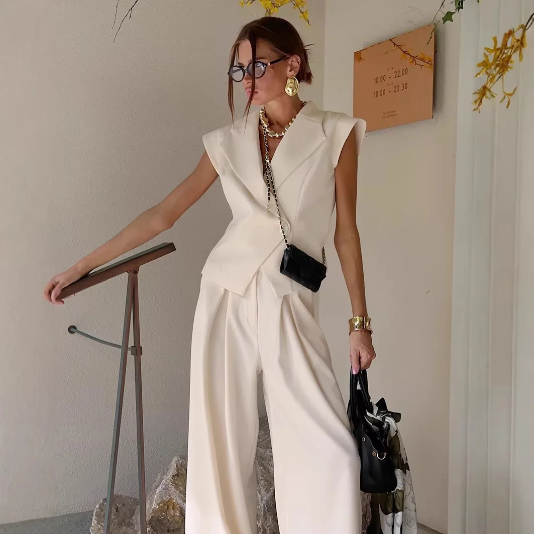 

2026 Elegant Two Piece Set Women Luxury Blazer Vest Crop Top High Waist Wide Leg Pants Suit Office Lady Party Outfits Vestidos