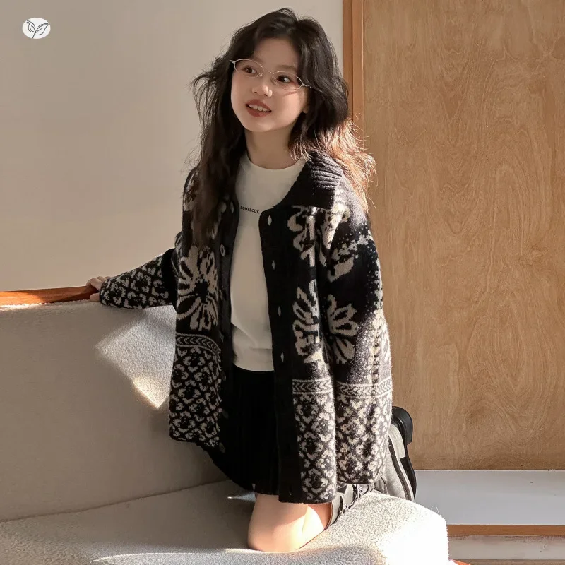 2025 جديد الخريف الشتاء المراهقين الأطفال الفتيات البلوزات منقوشة سترة مشغولة من الصوف الاطفال الأوروبية معرض جزيرة f loral4 7 8 9 10 12 14 سنة #6