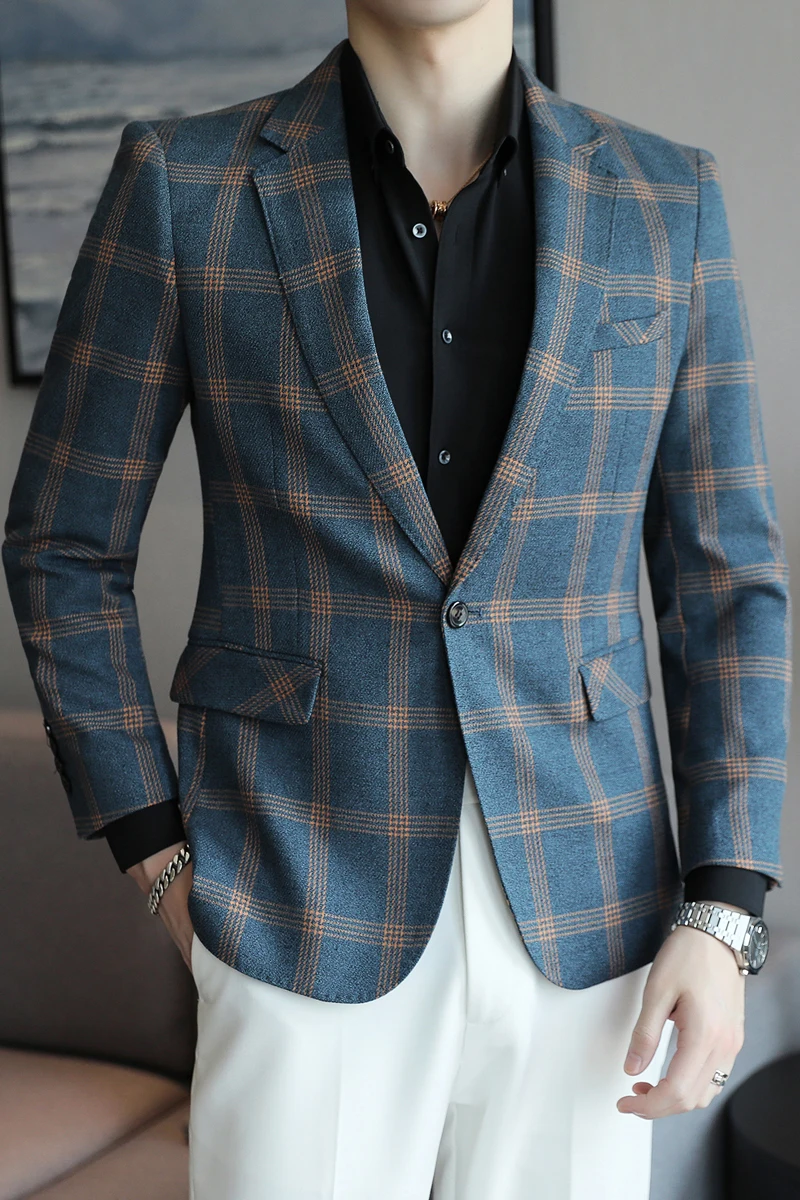 Business Slim Fit Mens Plaid Blazer Jacket 2022 Spring Autumn Casual Blazers For Men Elegant Dress Suit Jacket Plus Size 5XL-S