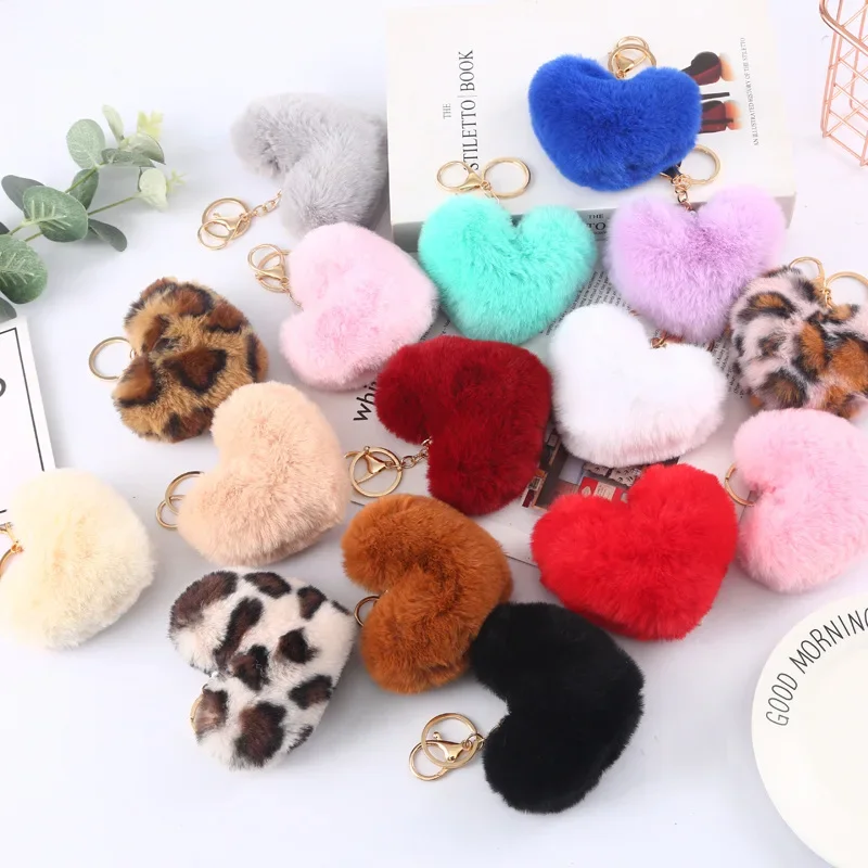 Regenbogen-Plüschball-Schlüsselanhänger, großes Herz, Pompom-Schlüsselanhänger für Frauen, Auto, Tasche, Anhänger, Modeschmuck, flauschige Liebe, Pompons, Schlüsselanhänger – Detail 3