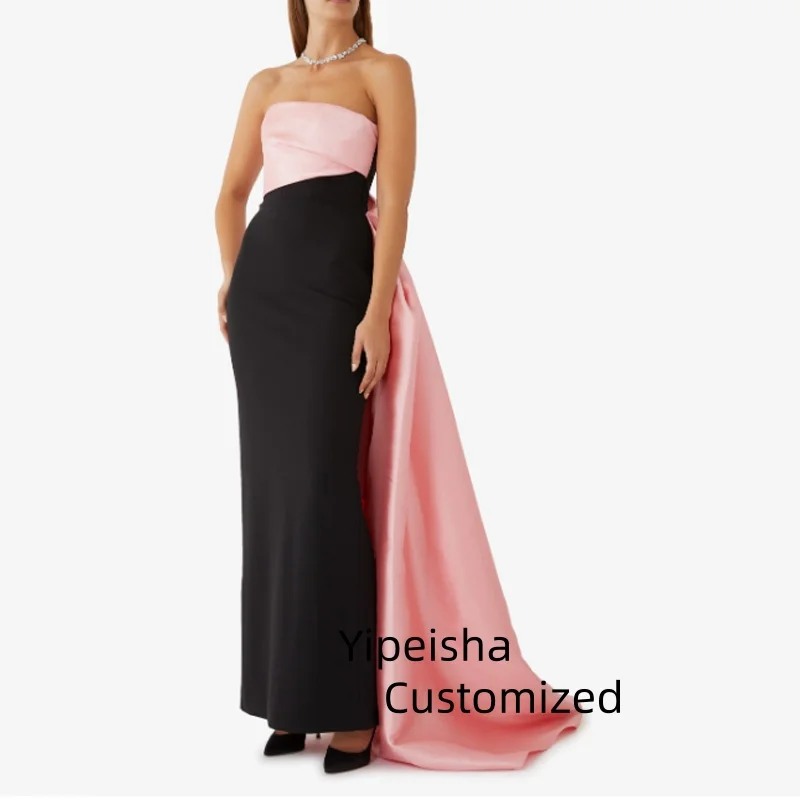 Vestido de noite de cetim sem alças, longo, plissado, personalizado, com fenda, sereia, crepe