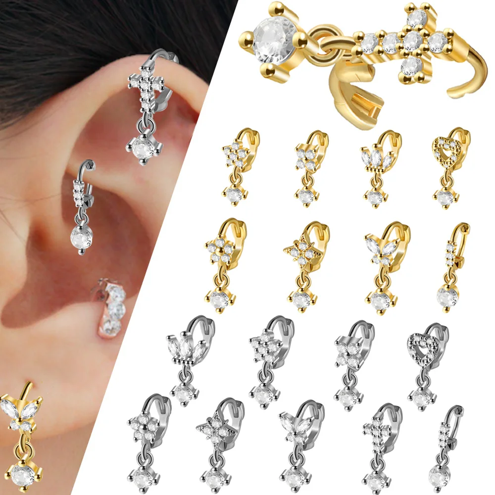 1PC Copper Dangle Flower Zircon Cartilage Hoop Crown/Butterfly Cz Dangling Helix Ear Tragus Lobe Piercing Body Piercing Jewelry