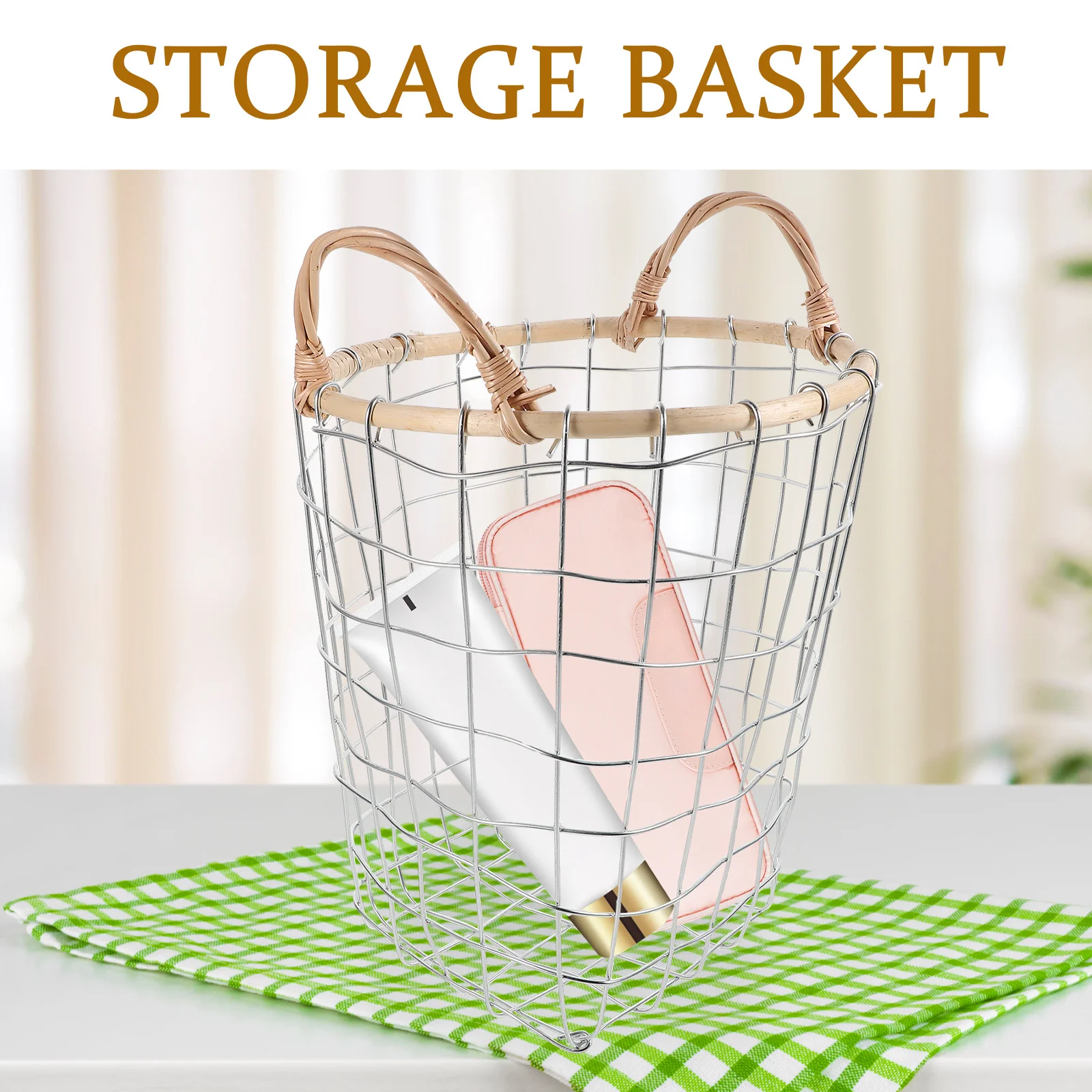 

Woven Storage Basket Iron Wire Organizer Vintage Sundries Holder Desktop Household Decorative Basket Shelves Tidy