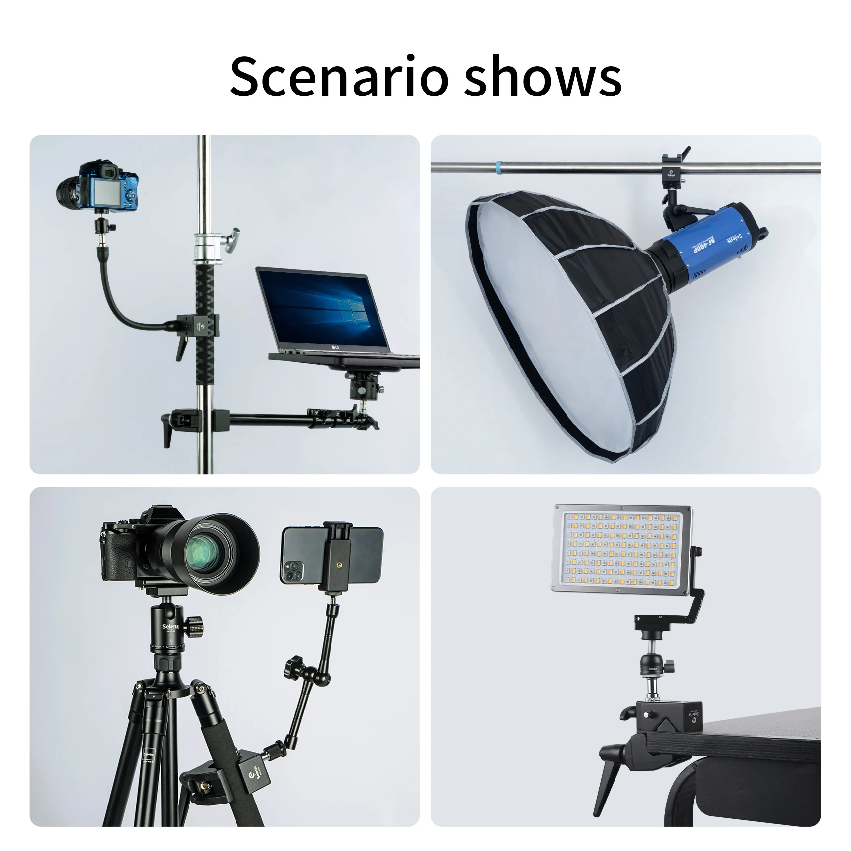 Selens Heavy-Duty Super Clamp for Studio Light Stands &Poles Optional Extension Arm,Hex Baby Pin,Double Hex Stud,J Hook,Plate view 2