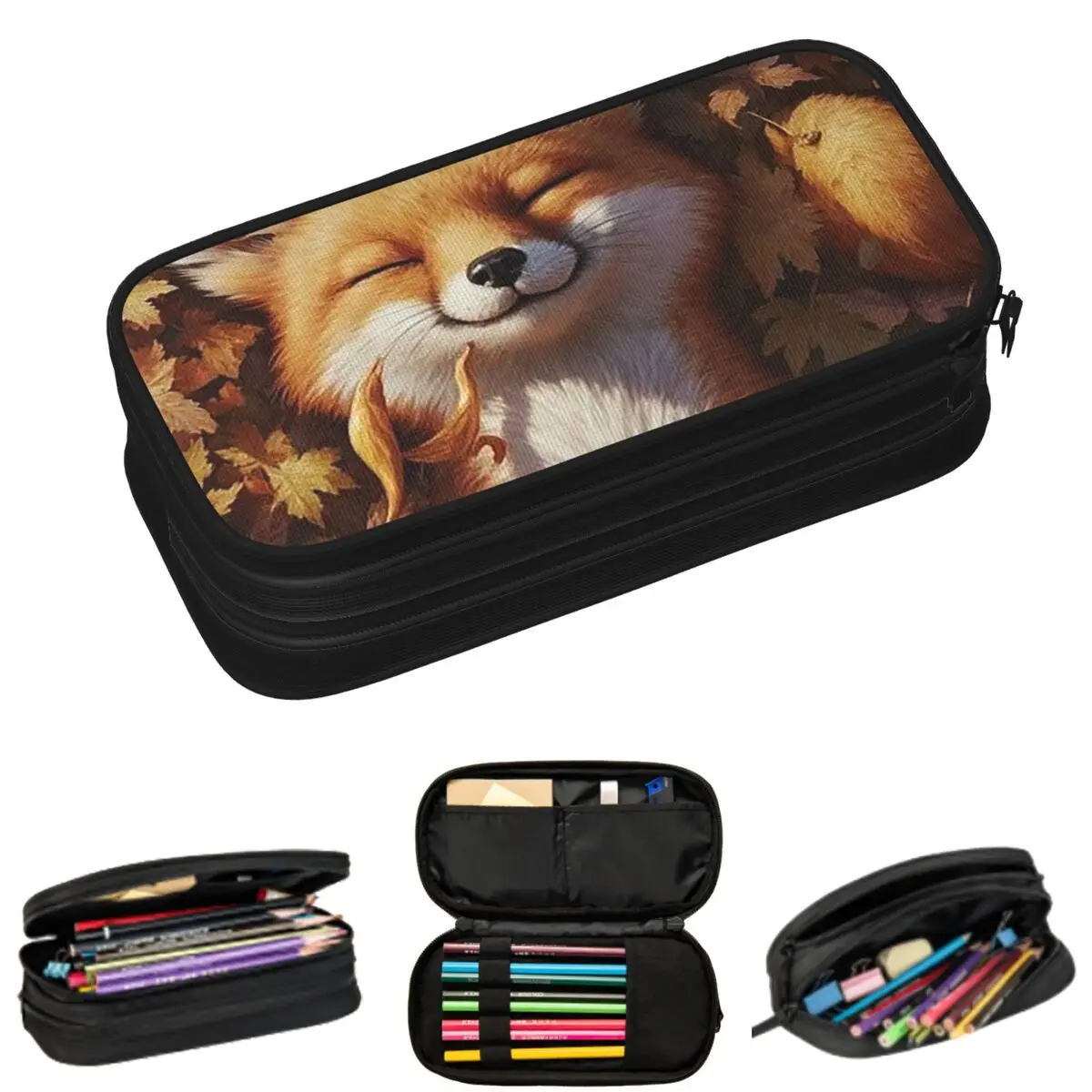 

Cartoon The Fox Lies In The Autumn Leaves Pencil Cases for Student School Pen Box Pencil Bag Big Capacity Pencil Pouch