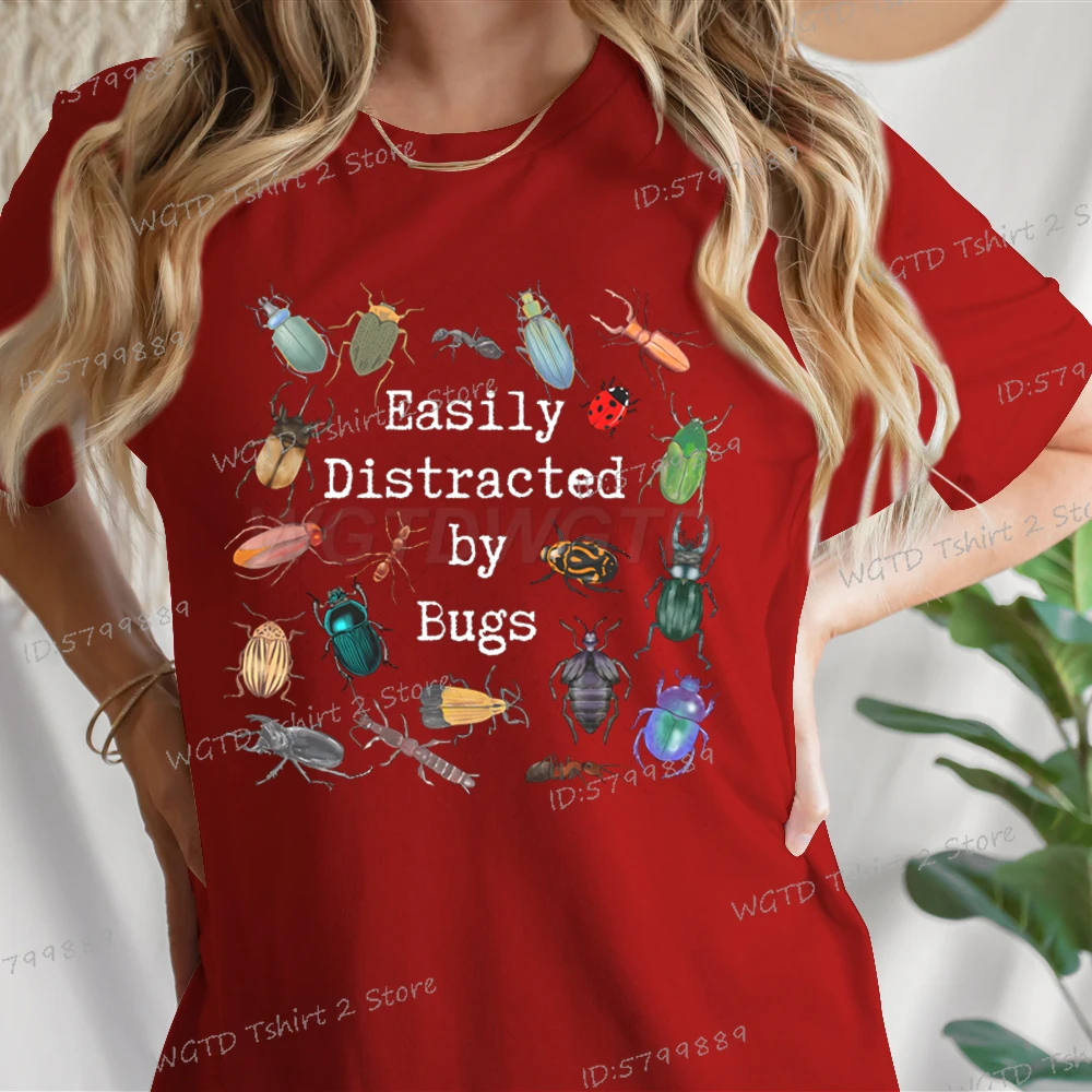 Easily Distracted By Bugs Print Crew Neck T-Shirt Women Entomo Short Sleeve T Shirt Casual Entomology Lover Gifts Female Tshirt