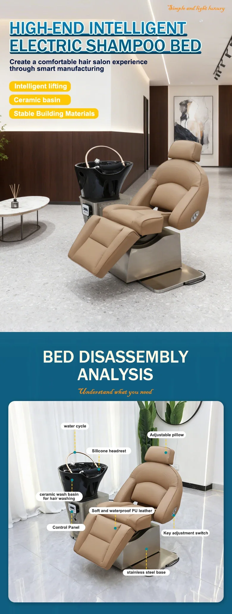 Motorized Semi Recline Hair Shampoo Bed Ceramic Basin Professional for Commercial Hair Salon Barbershop