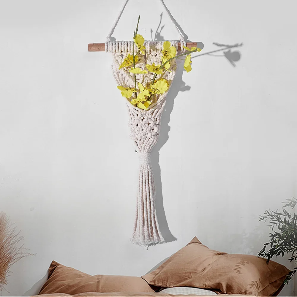 حقيبة شبكية لتزيين الزهور الجافة منسوجة يدويًا من Nordic Ins، شماعة جدارية لغرفة B&B، مفروشات منسوجة #2