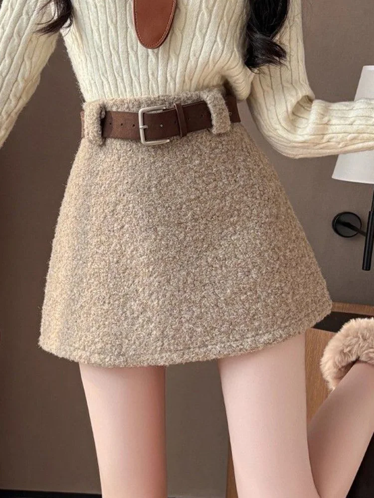 Chic Belt Faux Lamb Mini Skirt Women High Waist Korean Sexy A Line Skirts Fashion Fall Winter Elegant Female Sweet Warm Skirts
