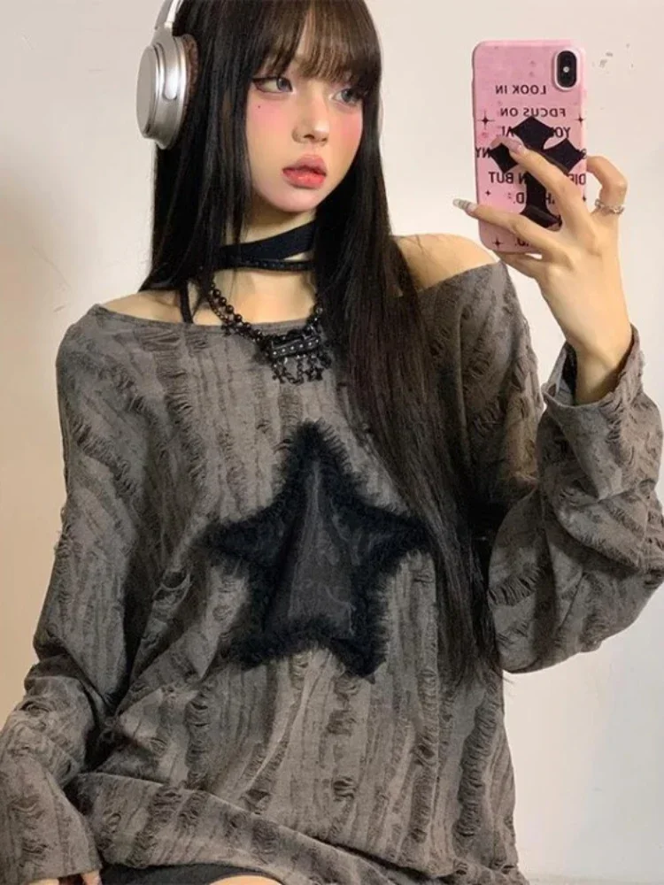 Y2k Women Vintage Star Gray Harajuku T-shirts Top Oversized Acubi Tshirt Long Sleeve Aesthetics Off Shoulder Tops Alt Clothes