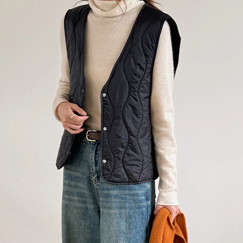 2025 가을 겨울 솔리드 컬러 V넥 파카 베스트 패션 싱글 브레스티드 슬리브리스 웨이스트코트 심플 따뜻한 출퇴근 재킷 여성