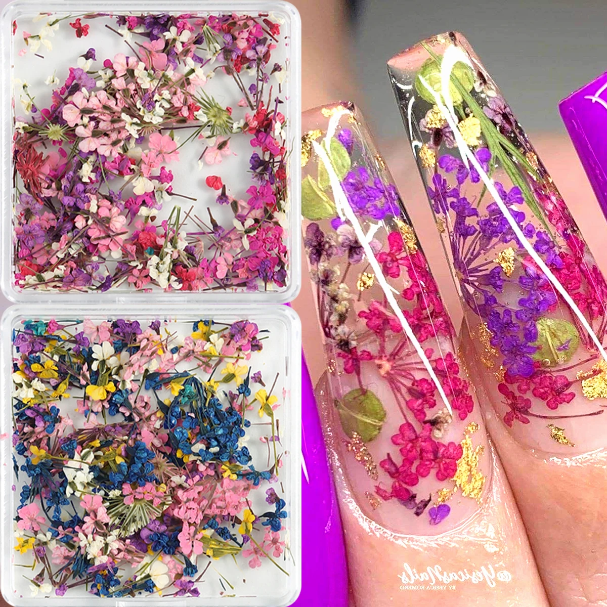 Gemischte Bunte Natürliche Blumen Nagelkunst-Charms Klein-Blau Gelb Rot Fünfblättrige Blume Natürliche Florale Maniküre-Accessoires – Detail 3
