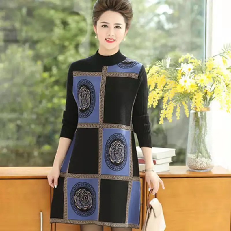 Retro พิมพ์ผู้หญิงถักเสื้อกันหนาวสำหรับฤดูใบไม้ร่วงฤดูหนาวครึ่งคอเต่าเข่าแขนยาวด้านล่างเสื้อผ้า Pullover
