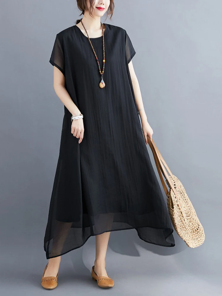 

NYFS 2025 Ne Summer Dress Loose Silk cotton Women's Dress Short Sleeve Solid Long Dresses Robe Elbise Fat MM