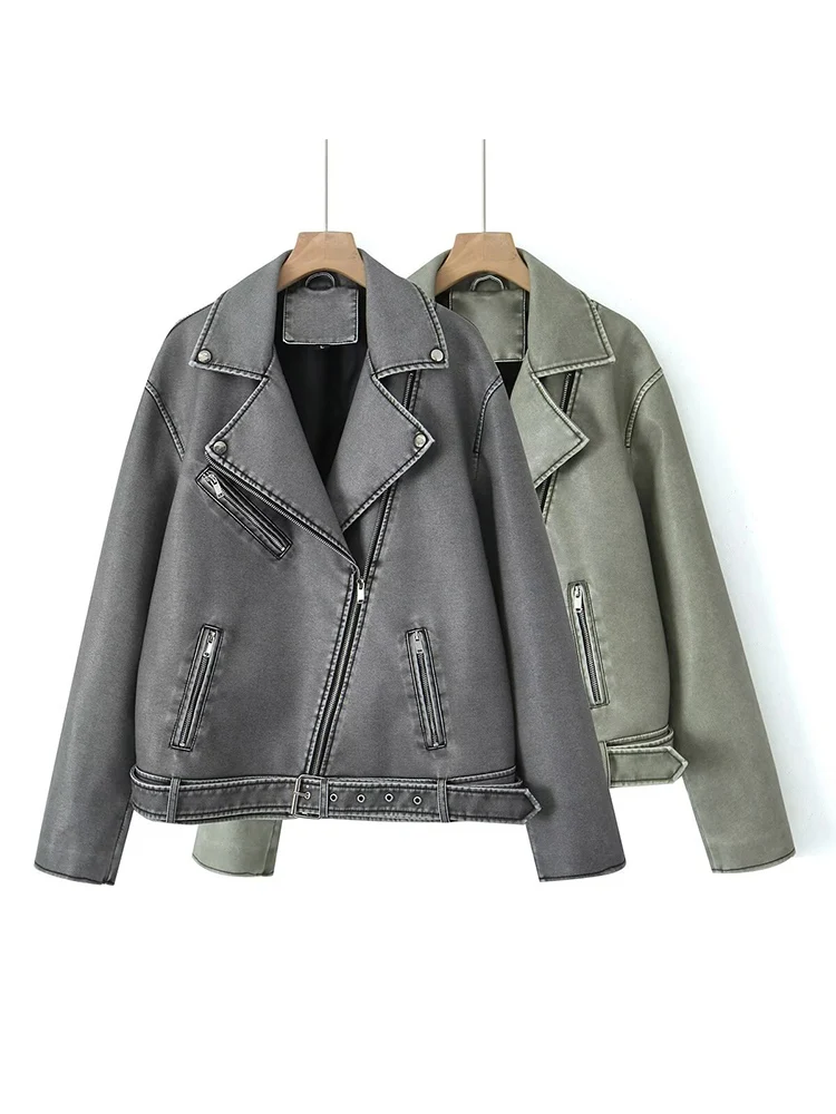 Grey leather jacket for women retro old washed leather jacket zipper motorcycle jacket personalized lapel PU leather