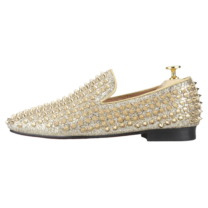 Piergitar Shiny Gold And Sliver Sequined Cloth Slip-On Loafers With Handmade Spikes CL Brand Same Style Red Sole Men's Flats