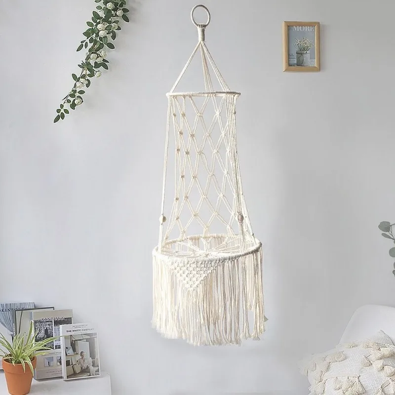 D2 Boho Macrame Hanging Pet Bed Cat Dog Swing Cotton Rope Long Tassel Basket Fringe Hand Woven Indoor Cat Hammock Nest Mesh Bag