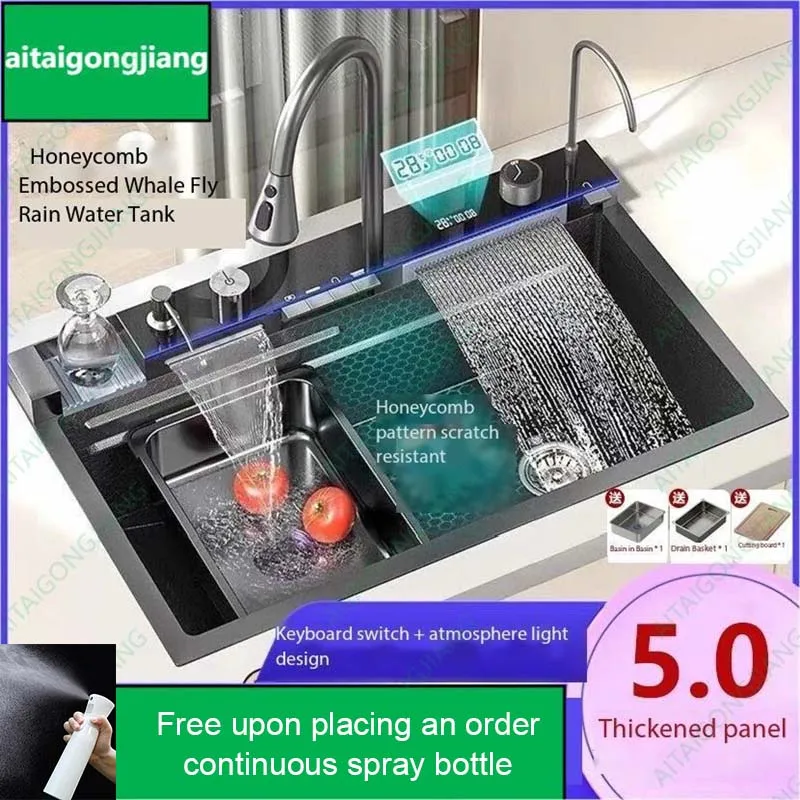 

Upgrade Panel Thickness 5.0 Honeycomb Kitchen Sink Household Post Air Parcel Digital Display 304 Stainless Steel Waterfall Sink