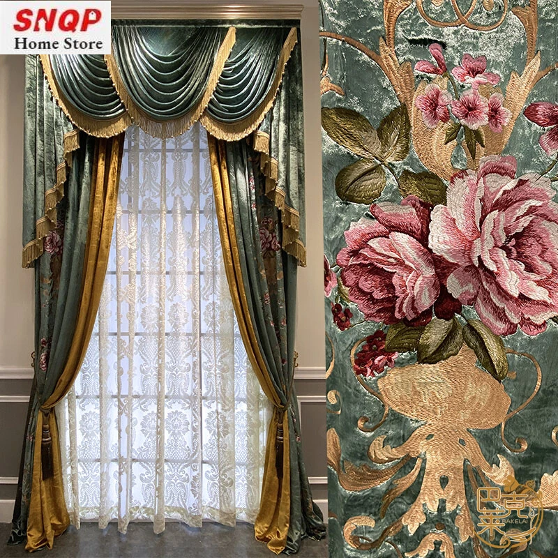 Real Velvet European Style Luxury Villa Palace Flannel Embroidered Velvet Curtains for Living Room Bedroom Dining Custom Size