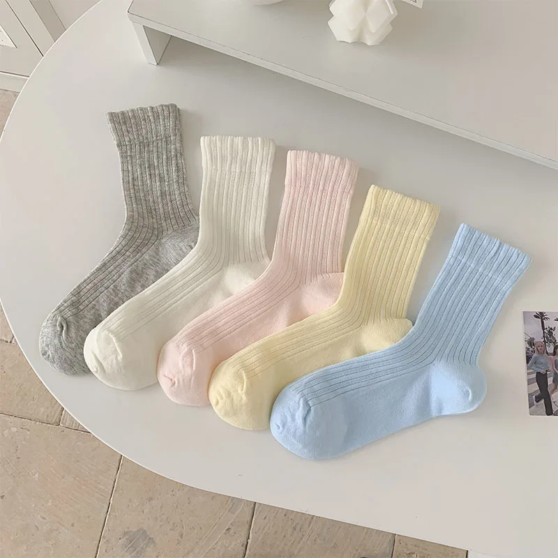 Korean Style Women Socks Summer Cotton Thin Breathable Middle Tube Socks Solid Color White Gray Pink Blue Yellow Long Socks Sox image 5