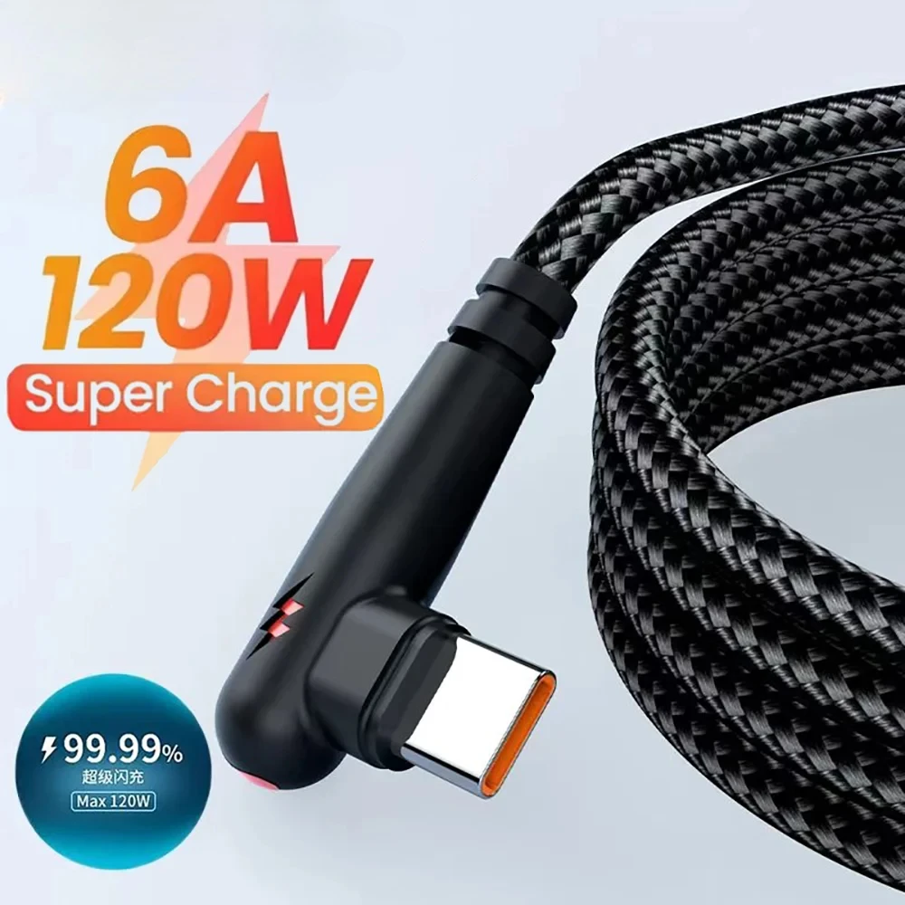 120W 90 Degree Elbow USB to Type C Cable Fast Charging Data Wire For Huawei Xiaomi Samsung Mobile Phone Fast Charging Charger