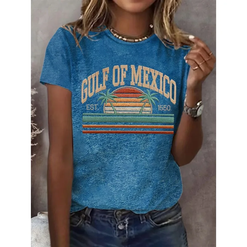Women's Short Sleeve Gulf of Mexico Print T-Shirts Summer Tops Ladies Casual Round Neck Tees