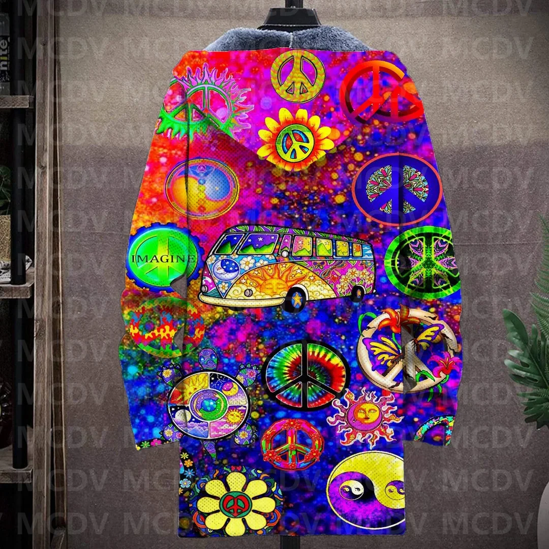 Men's Retro Print Plush Thick Long-Sleeved Coat Cardigan Peace 3D Prined Fleece Hooded Overcoat Unisex Thick Warm Jacket